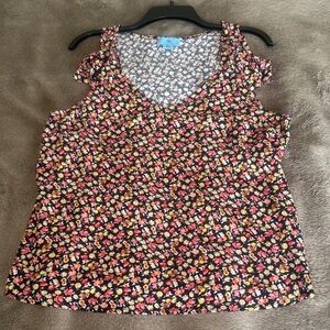 Black Floral V-Neck Sleeveless Top with Pink & Yellow Flowers